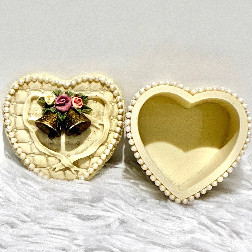 Cottagecore Italian Heart-Shaped Trinket Box With Grannycore Pearls & Gold Bells